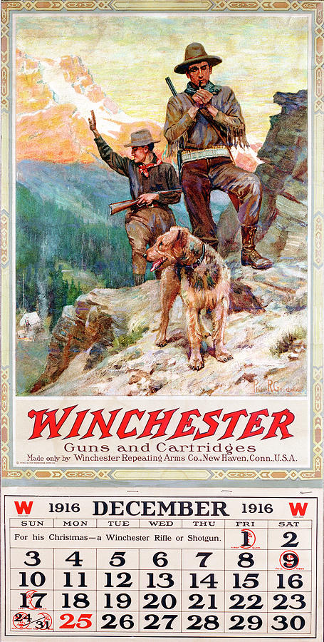1916 Winchester Repeating Arms And Ammunition Calendar Painting by Philip R Goodwin