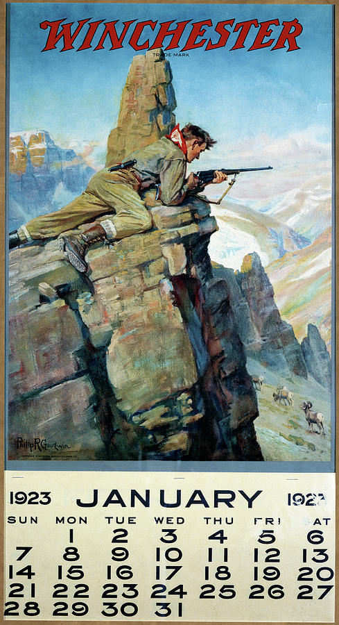 1923 Winchester Repeating Arms And Ammunition Calendar Painting by Philip R Goodwin