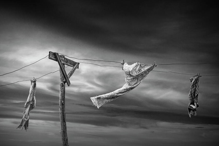 Wind Blown Wash in Black and White on the Clothesline Photograph by Randall Nyhof