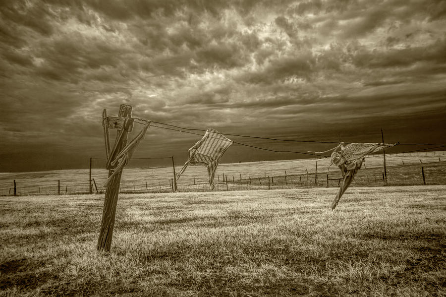 Wind Blown Wash in Sepia Tone Infrared on the Clothesline Photograph by Randall Nyhof