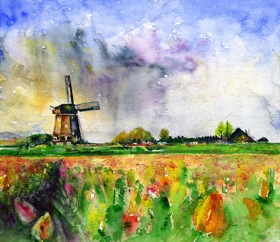 Wind Mill and Tulips 1 Painting by John D Benson
