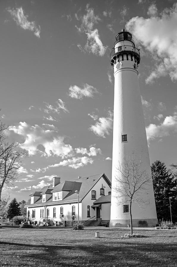 Wind Point Lighthouse And  Old Coast Guard Keepers Quarters.   Black and White Photograph by Susan McMenamin