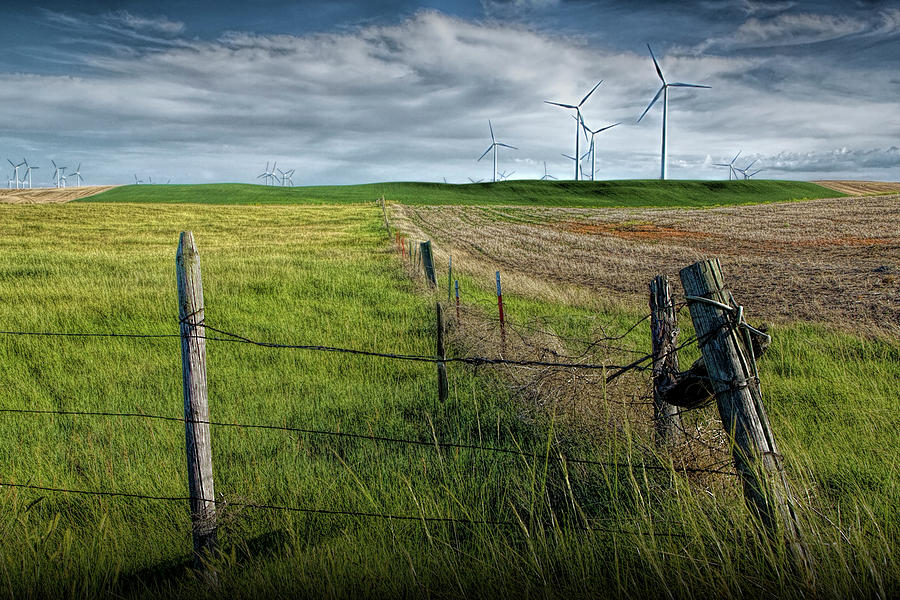 Wind Turbines in a Southern Alberta Farm Field with Barb Wire Fence Photograph by Randall Nyhof
