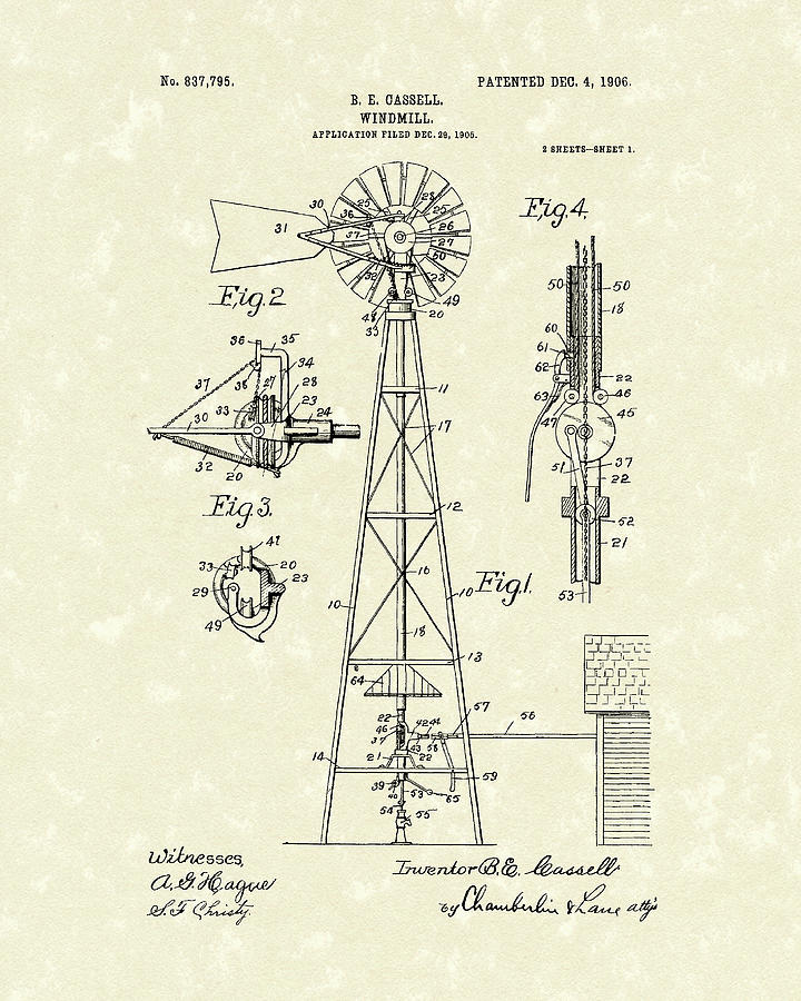 Windmill 1906 Patent Art Drawing by Prior Art Design