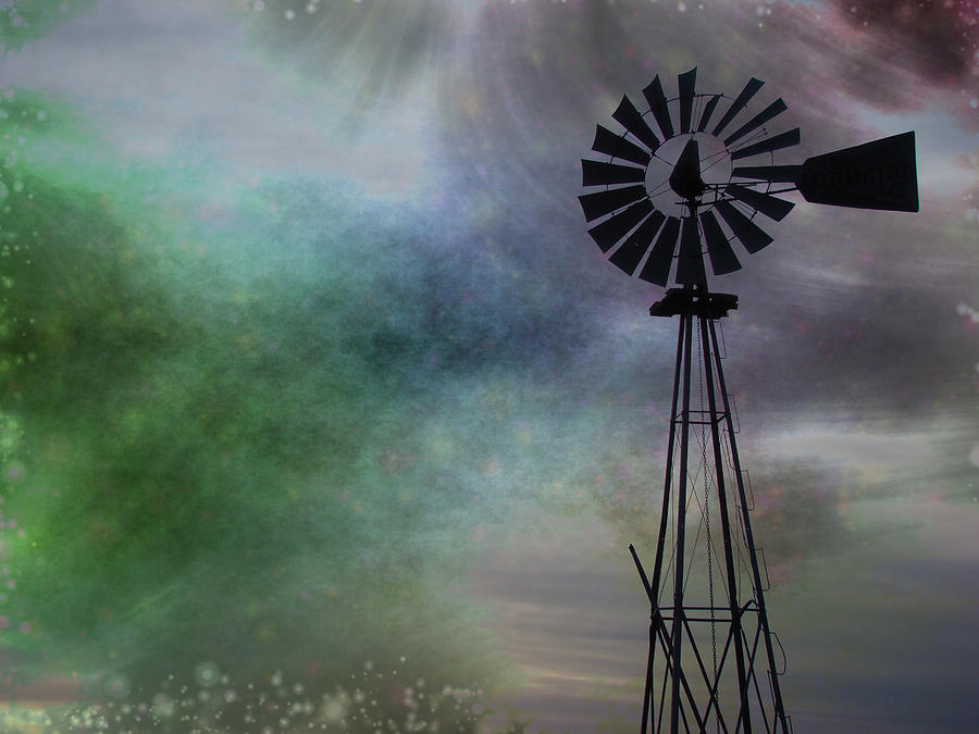 Windmill against a stormy sky Digital Art by Cathy Anderson