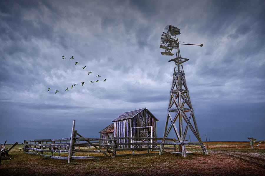 Windmill and Barn with Flying Geese Photograph by Randall Nyhof