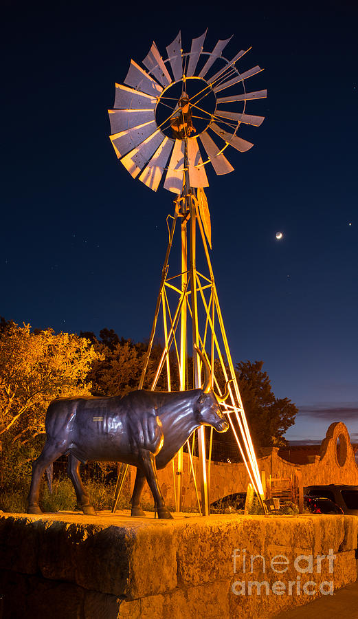 Windmill Photograph - Windmill and Longhorn Statue by Bee Creek Photography - Tod and Cynthia