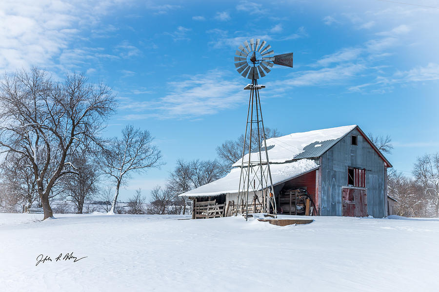 Windmill And Old Barn In Fresh Snow Photograph by Jeffrey 