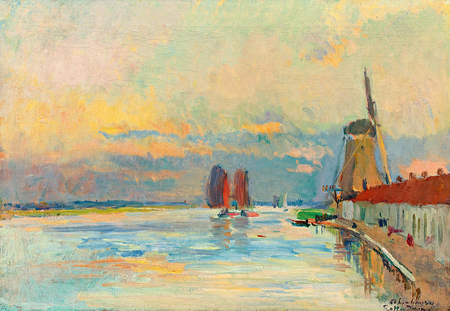 Sunset Painting - Windmill at a Channel in Rotterdam by Albert Lebourg