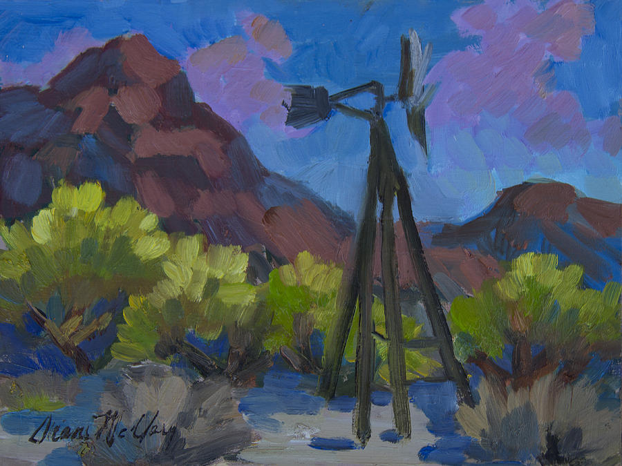 Windmill at Keys Ranch Joshua Tree Painting by Diane McClary
