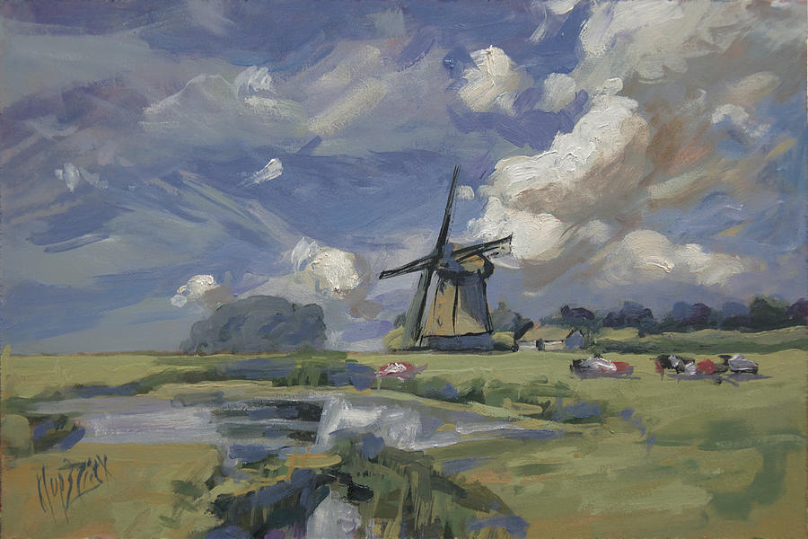 Windmill in Dutch polder Painting by Nop Briex