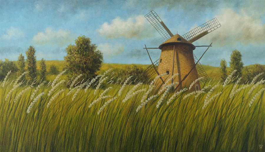 Landscape Painting - Windmill in the field of wheat by Miljan Vasiljevic