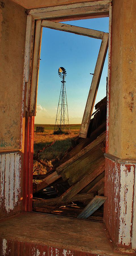 Window Photograph - Windmill Thru A Limestone Pioneer Homestead in Kansas by Greg Rud