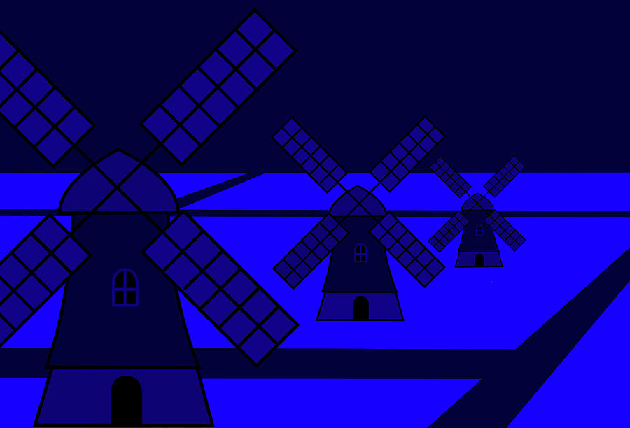 Windmills at night Mixed Media by Asbjorn Lonvig