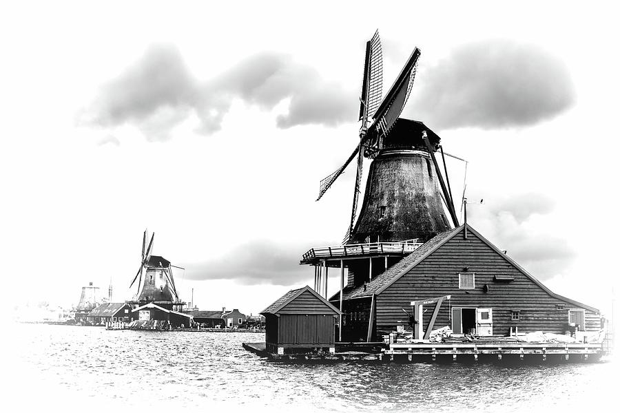 Windmills at Zaanse Schans in Black and White 2 Photograph by Jenny Hudson