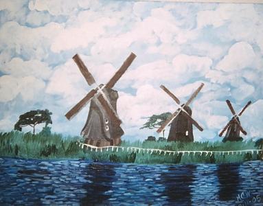 Architecture Painting - Windmills By The Water Original by Christine Ward Architecture Painting - Windmills By The Water Original by Christine Ward