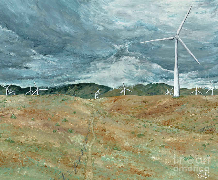 Windmills in the Desert Painting by Elizabeth Mordensky