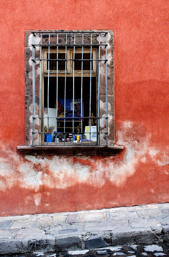 Architecture Photograph - Window on Red Wall San Miguel de Allende, Mexico by Carol Leigh