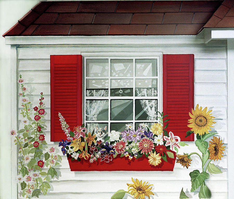 Windowbox with Cat Painting by Bonnie Siracusa