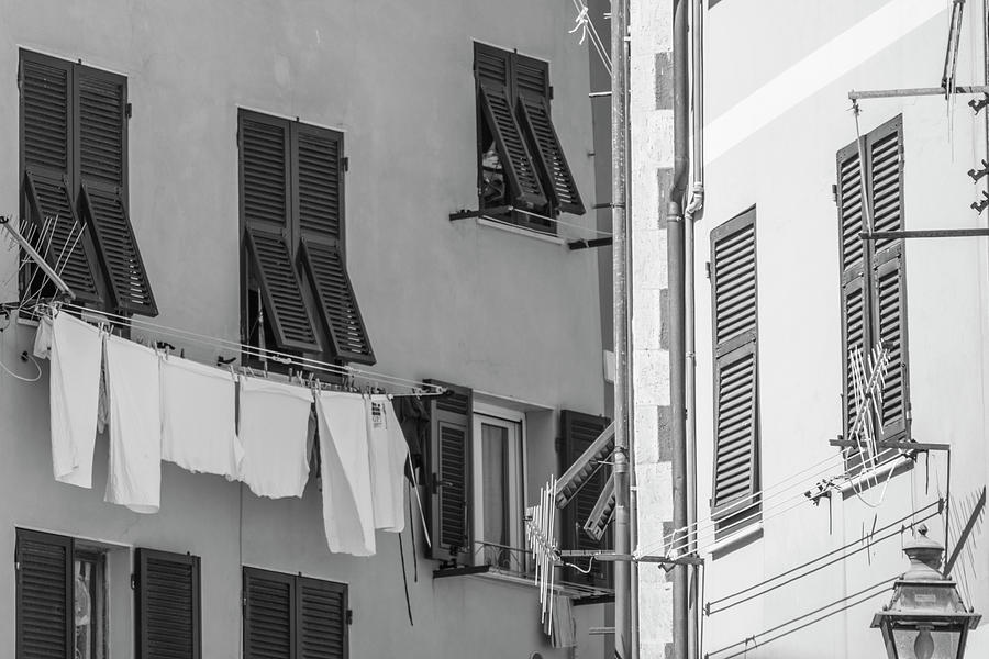 Windows Black and White Cinque Terre with Clothes  Photograph by John McGraw