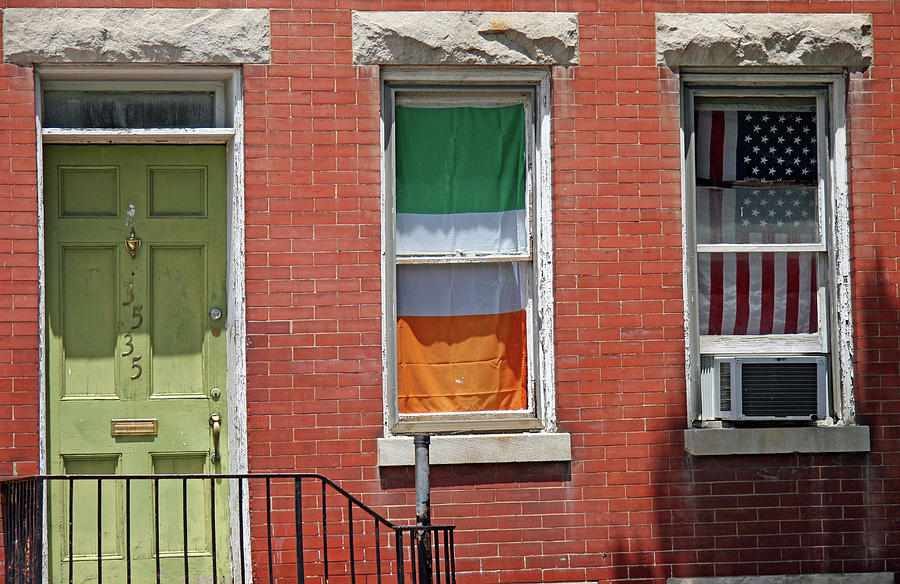 Windows With The Irish And American Flags Photograph by Cora Wandel