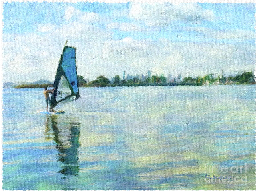 Alameda Windsurfing in the bay Painting by Linda Weinstock