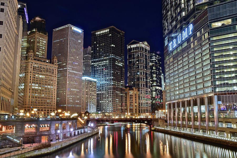 Chicago Photograph - Windy City Lights on the River by Frozen in Time Fine Art Photography