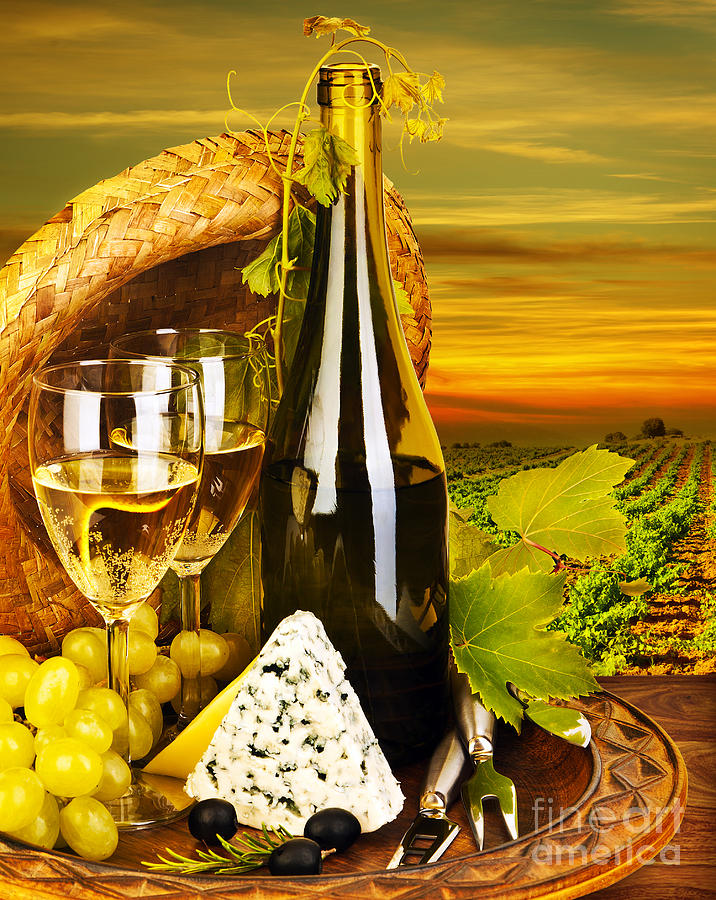 Still Life Photograph - Wine and cheese romantic dinner outdoor by Anna Om