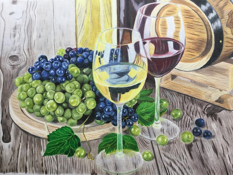 Wine Drawing - Wine and Grapes by Erika Clarke
