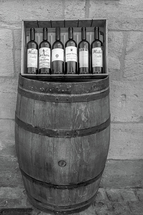Black And White Photograph - Wine Barrel and Bottles by Georgia Clare