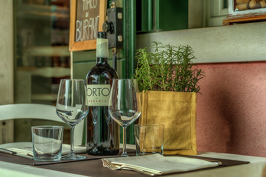 Wine Bottle and Glasses Burano Venice_DSC5059_03032017 Photograph by Greg Kluempers