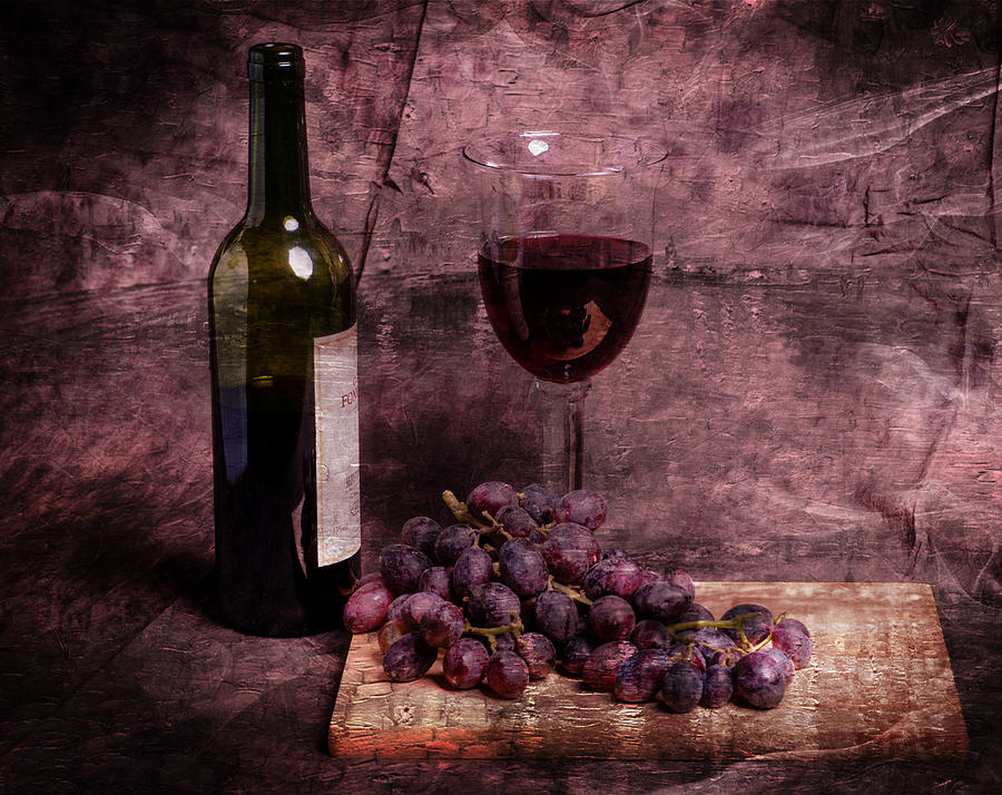 Wine bottle glass and grapes in Oil painting effect. Photograph by John Paul Cullen