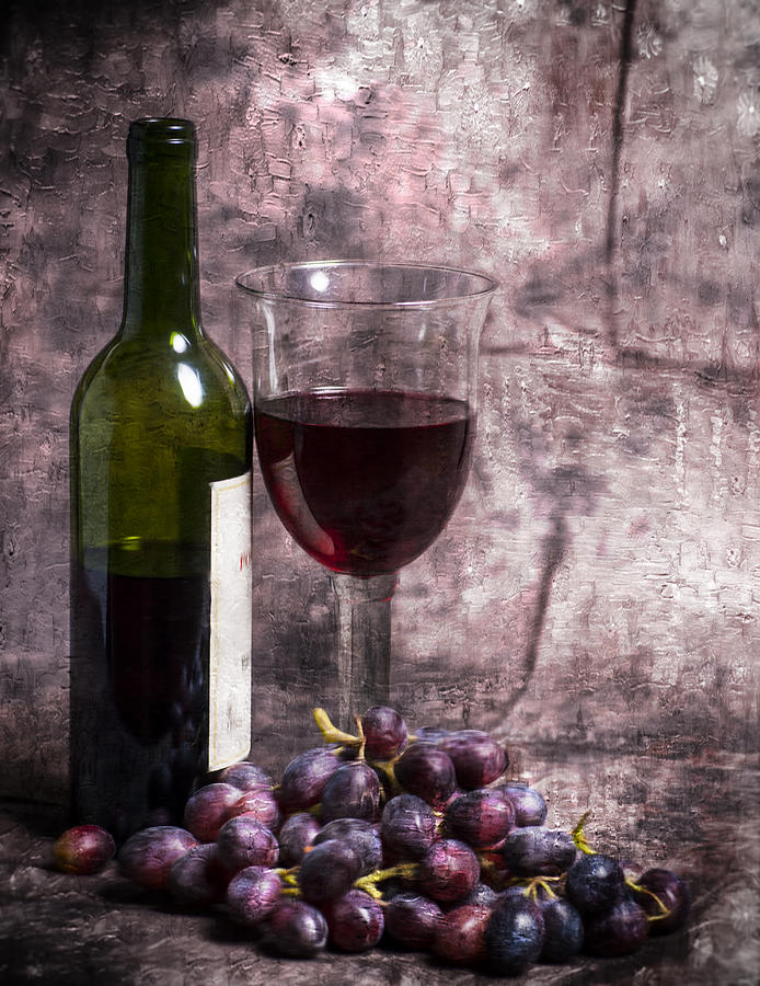 Wine bottle glass and grapes in Oil painting effect - portrait f Photograph by John Paul Cullen