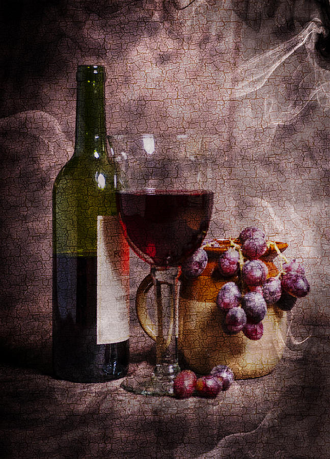 Wine Bottle Glass Grapes And Jug Portrait Format With A Cracked  Photograph by John Paul Cullen