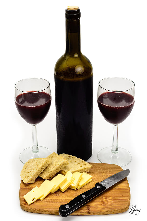 Bread Photograph - Wine Bottle with Glasses, Cheese and Bread by Joshua Zaring