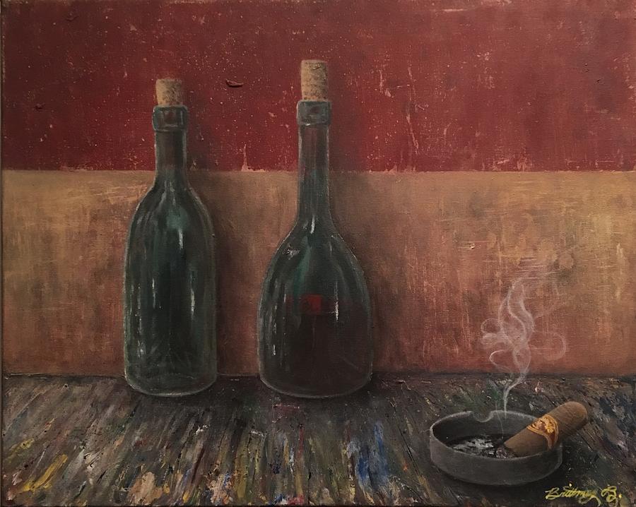Wine Painting - Wine Bottles and Cigar by Brittney Bruegger