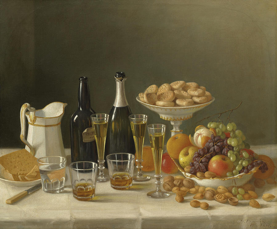 Still Life Painting - Wine, Cheese, and Fruit by John F Francis