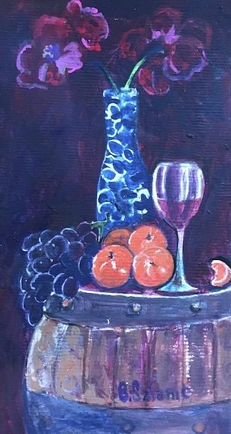 Wine Painting - Wine glass with wine barrel by Barbara Szlanic