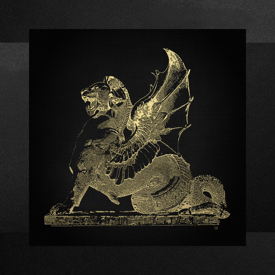 Winged Dragon Chimera from Fontaine Saint-Michel, Paris in Gold on Black Digital Art by Serge Averbukh