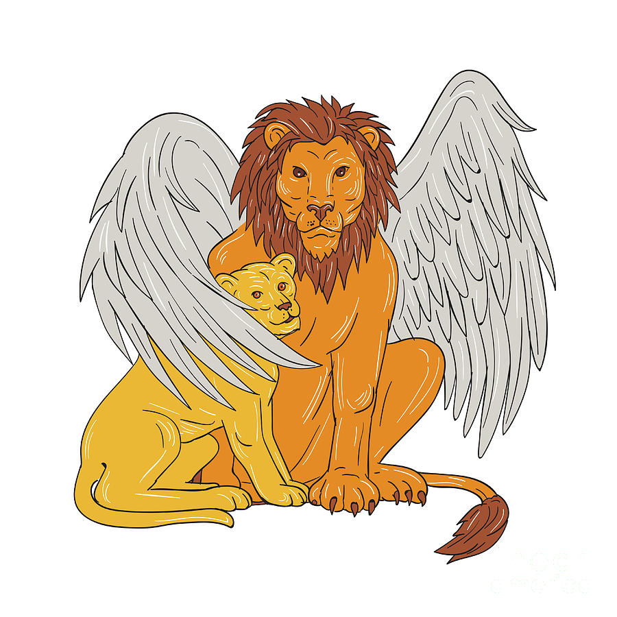 Winged Lion With Cub Under Its Wing Drawing Digital Art by Aloysius