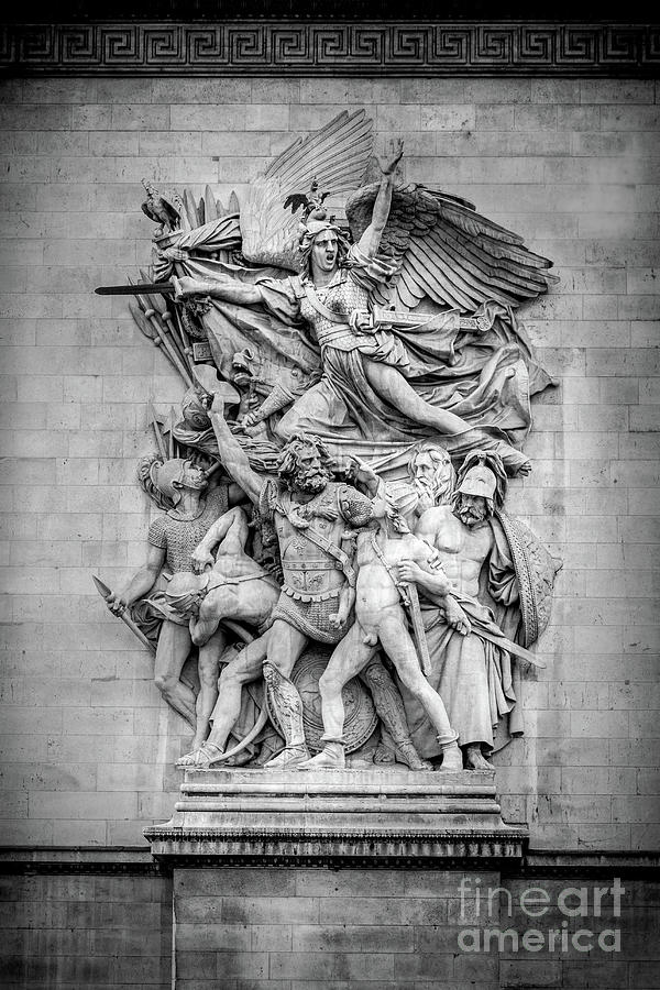 Winged Warrior Sculpture on Arc de Triomphe, Paris, Blk Wht Photograph by Liesl Walsh