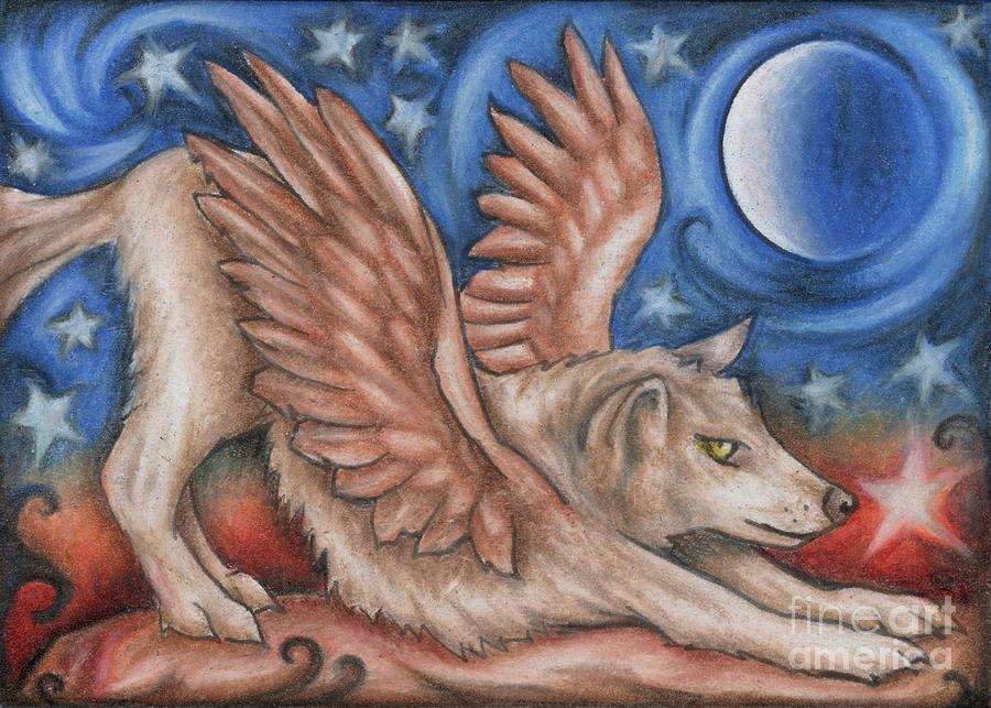 Winged Wolf in Downward Dog Yoga Pose Drawing by Kristin Aquariann