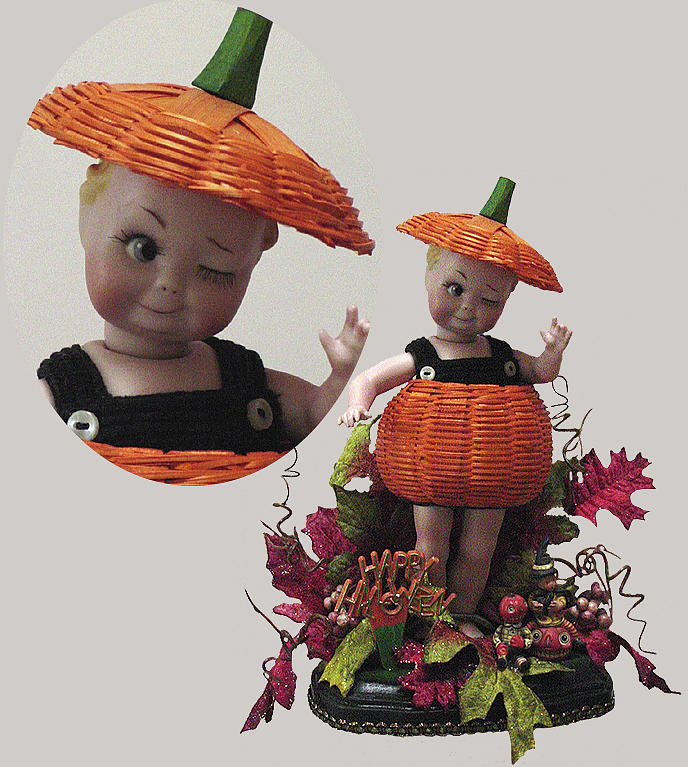 Winker in Pumpkin Costume Ceramic Art by Shirley Heyn