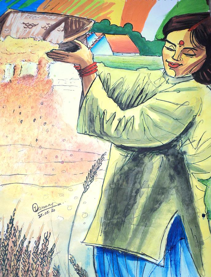 Wheat Painting - Winnowing with Smile by Tanmay Singh Wheat Painting - Winnowing with Smile by Tanmay Singh