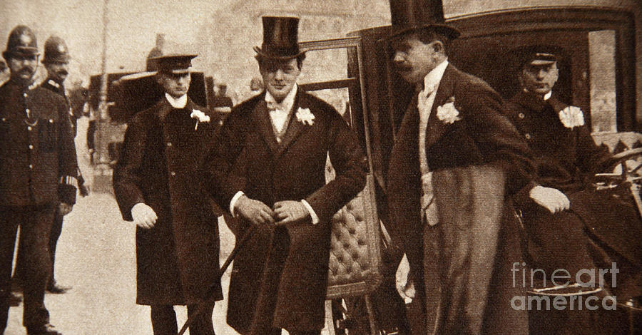 Winston Churchill arriving at the doors of St Margarets, Westminster on his Wedding Day, 1908 Photograph by English School