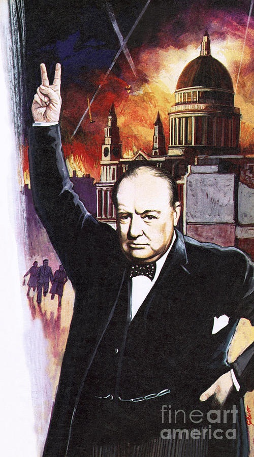 Winston Churchill during the Blitz Painting by English School