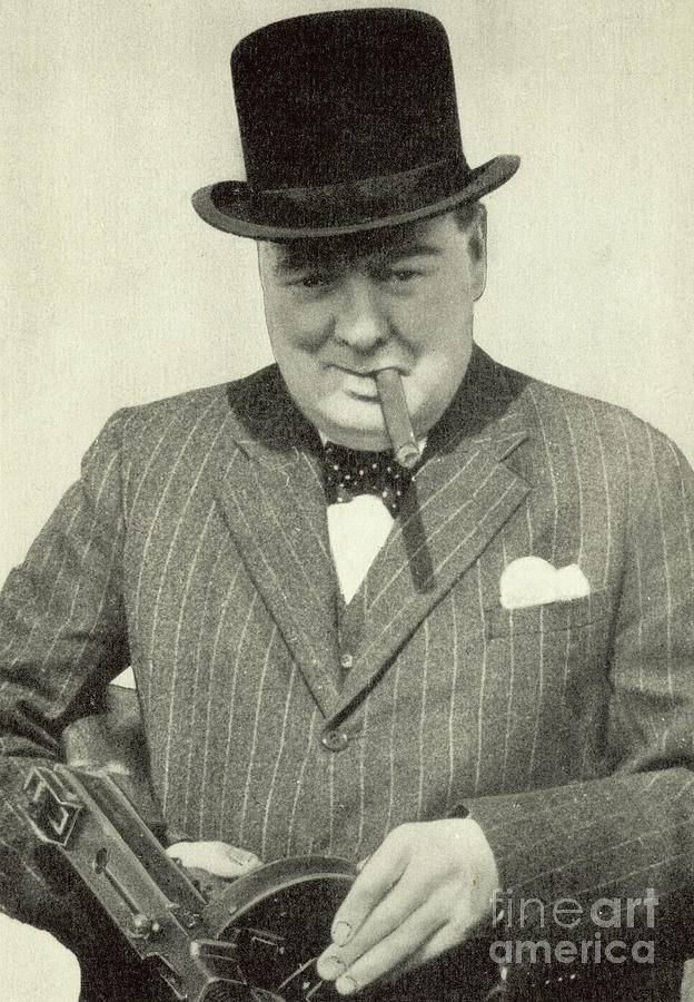 Winston Churchill Photograph - Winston Churchill with machine gun, cigar and hat, WW2 propaganda image by English School