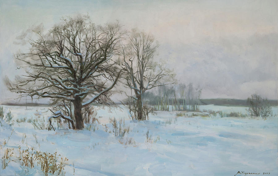 Winter Painting - Winte evening by Victoria Kharchenko