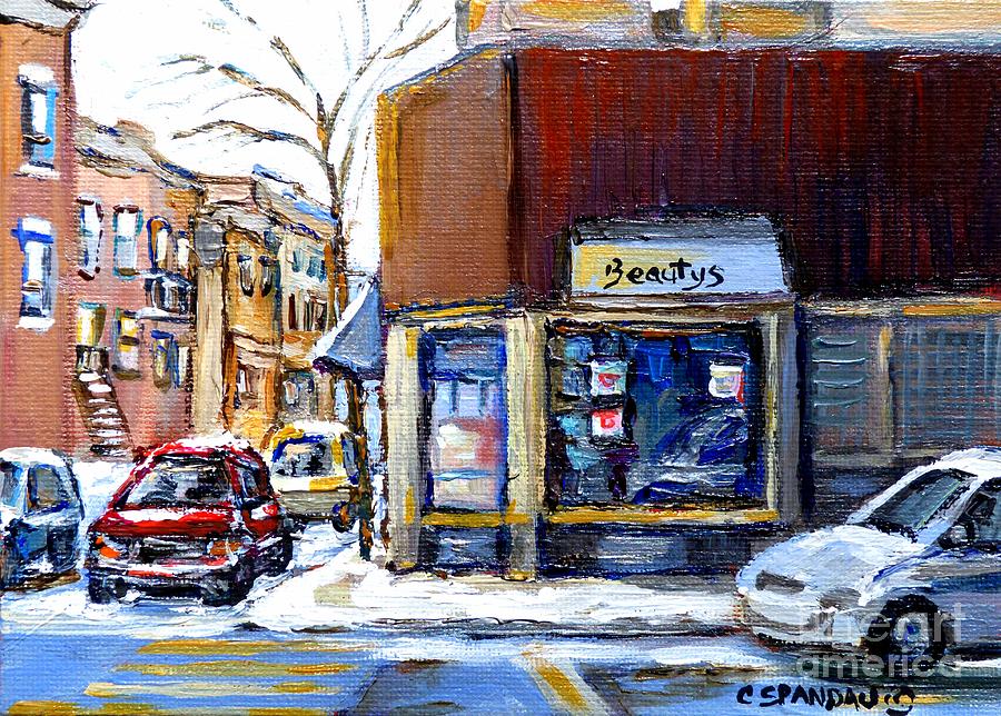 Winter At Beautys Restaurant City Scene Landmark Paintings Montreal Memories Exceptional Canada Art Painting by Carole Spandau