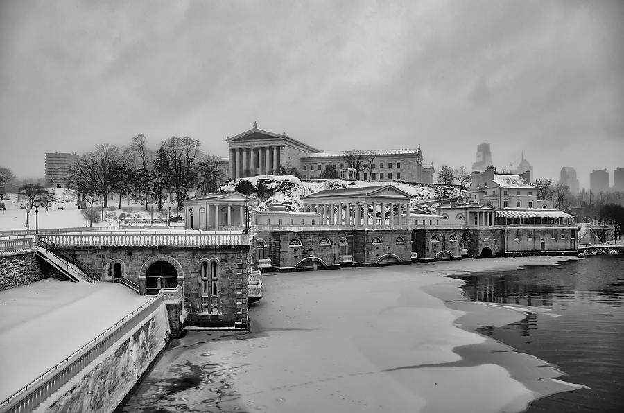Winter Photograph - Winter at the Fairmount Waterworks in Philadelphia in Black and  by Bill Cannon